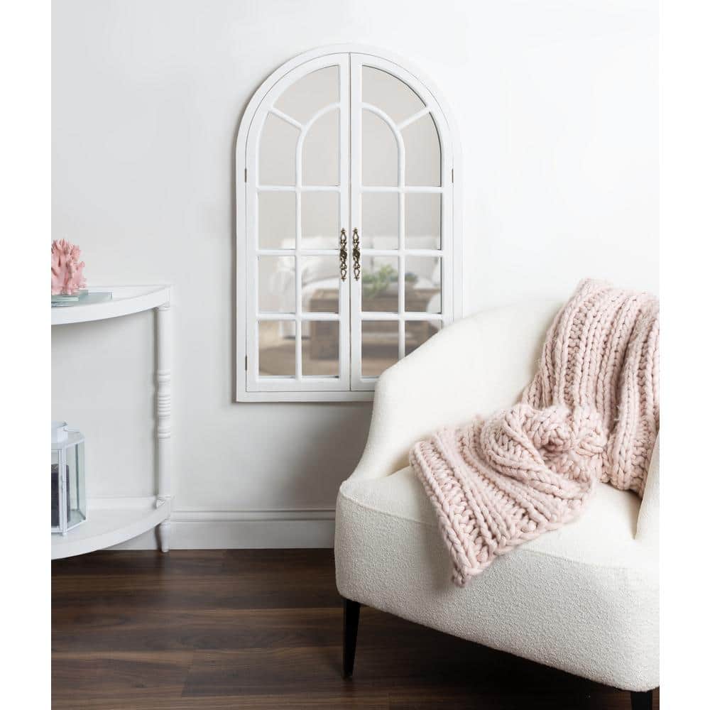 Rustic White Wood Windowpane Arch Vanity Mirror