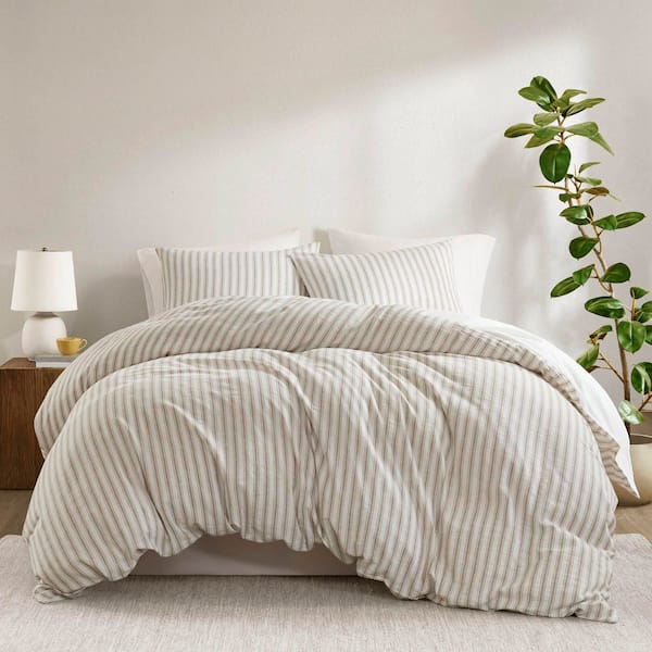Cora 3-Piece Tan Striped Linen Queen Duvet Set
