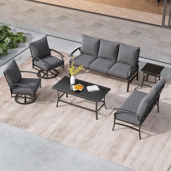 Black 6-Piece Metal Patio Conversation Sofa and Loveseat and Single Chairs Set and Coffee Table With Gray Cushions