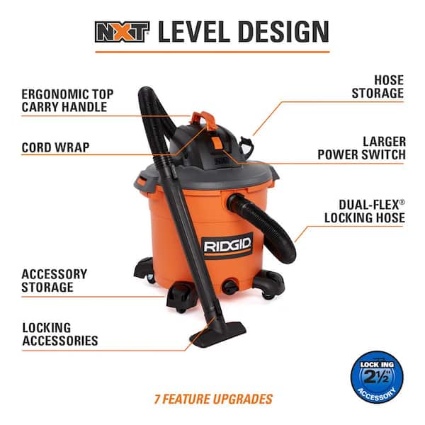 RIDGID 16 Gallon 5.0 Peak HP NXT Wet/Dry Shop Vacuum with General Debris  Filter, Locking Hose, Diffuser and Five Accessories HD1640B - The Home Depot