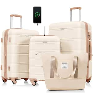 4-Piece Beige and Golden Expandable PC and ABS Hardshell Spinner Luggage Set with Travel Bag, USB Port Cup Holders Hooks