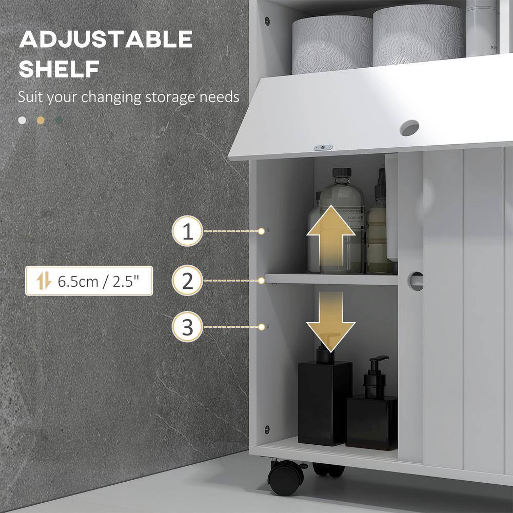 White Slim Bathroom Cabinet with Adjustable Shelving and Wheels