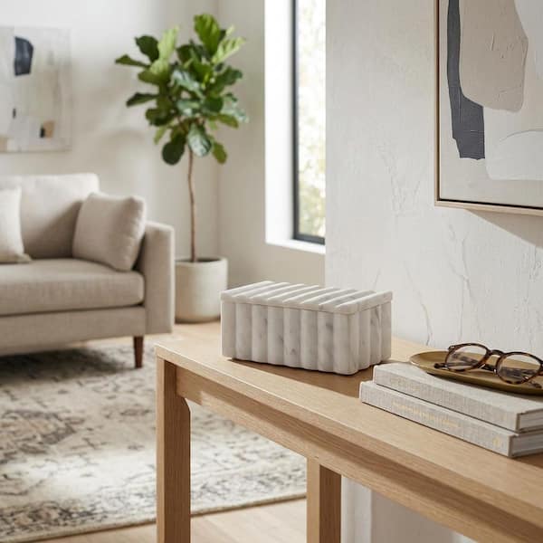 White 7 in. x 3 in. Marble Ridged Decorative Box