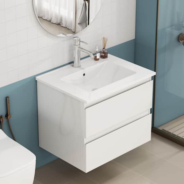 24 in. Single Sink Floating Glossy White Bath Vanity with White Ceramic Top