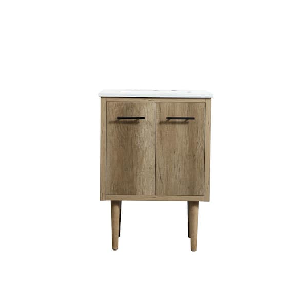 Unbranded Simply Living 24 in. W x 19 in. D x 33.5 in. H Bath Vanity in Natural Oak with Ivory White Engineered Marble Top