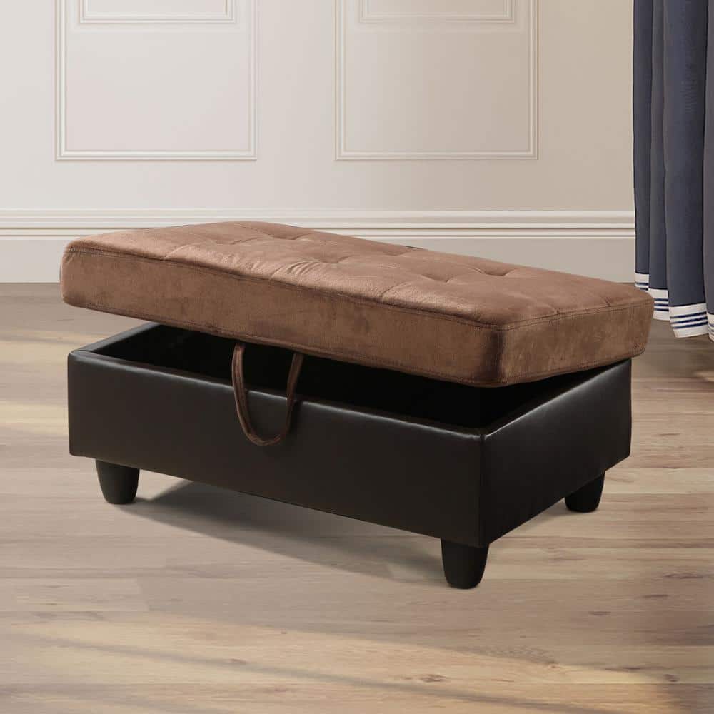 34 in. W Brown Cotton Rectangle Ottoman with Storage