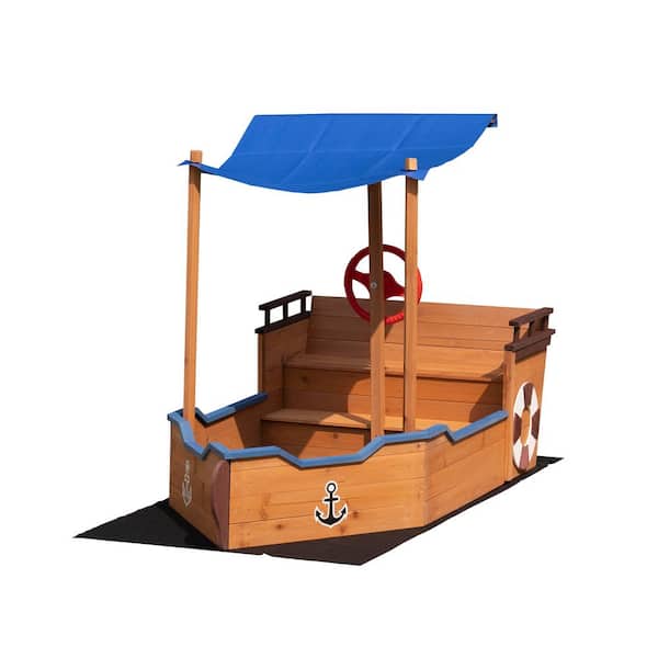 2.3 ft. W x 5.2 ft. L Wood Boat Shape Sandbox with Cover, Rudder, Storage Bench and Seat for Kids Ages 3-8