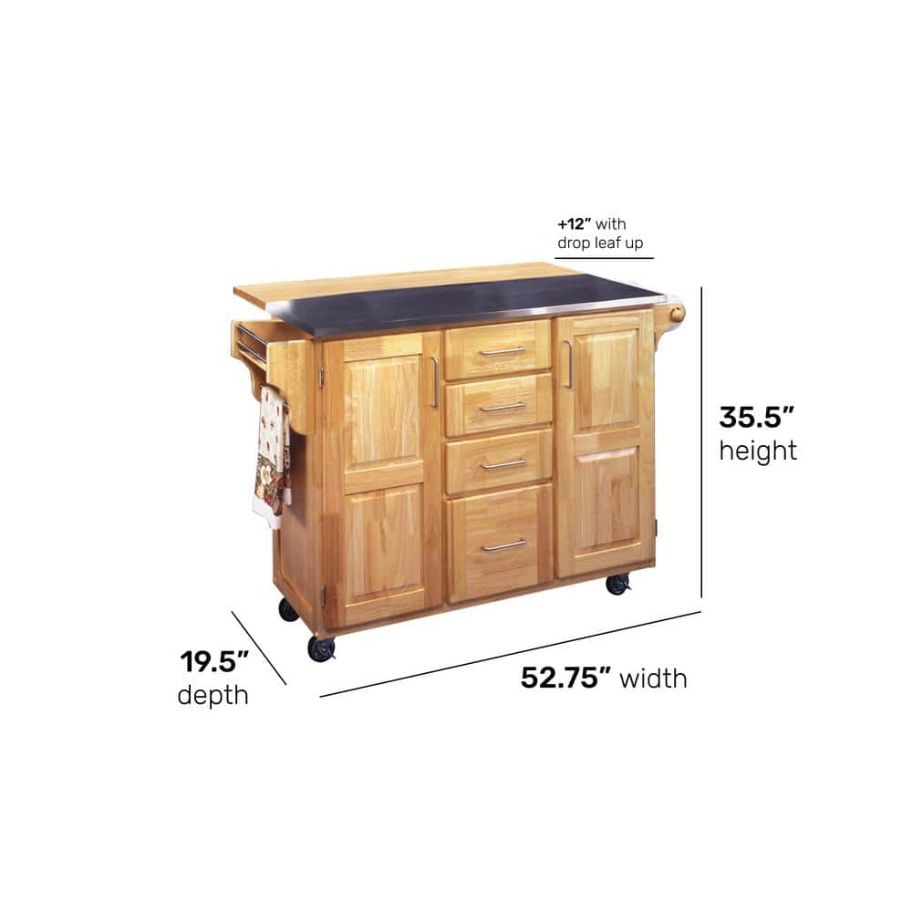 Natural Wood Kitchen Cart with Stainless Steel Top and Drop Leaf