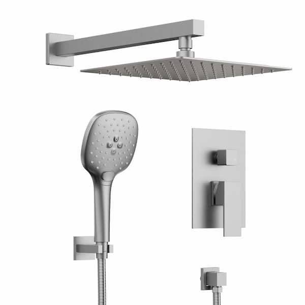 EVERSTEIN One-Handle 4-Spray Square 10 in. Wall Mount Dual Shower Head Fixed and Handheld Shower Head 2.5 GPM in Brushed Nickel