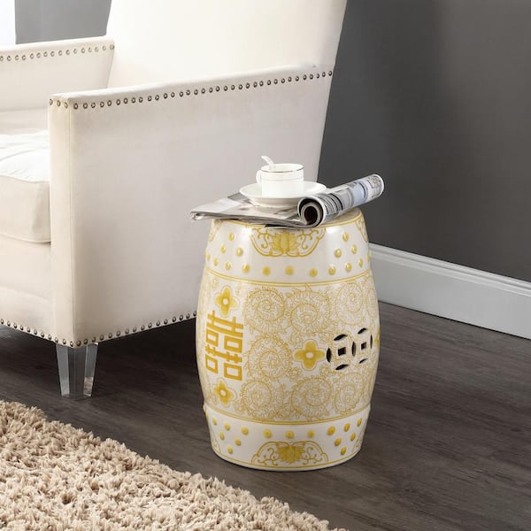 Double Happiness 18 in. Chinoiserie Ceramic Drum Garden Stool, Yellow/White