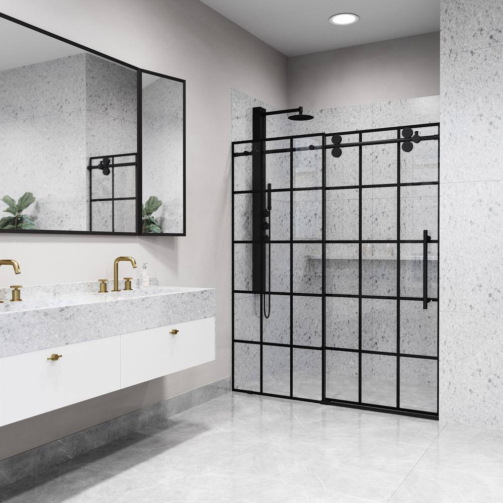 Elan 68-72" Matte Black Frameless Sliding Shower Door with Clear Grid Glass