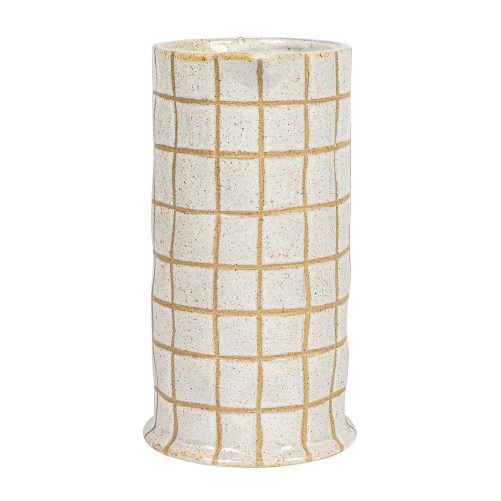 Cream and Brown Stoneware Pitcher with Wax Relief Grid Pattern