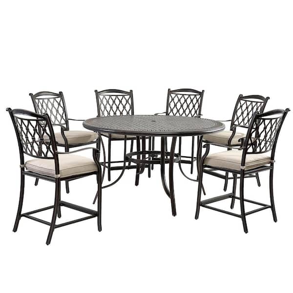 Mondawe Charcoal Gray 7-Pieces Cast Aluminum Outdoor Dining Bar Set with Round Table and Dining Chairs with Beige Cushions