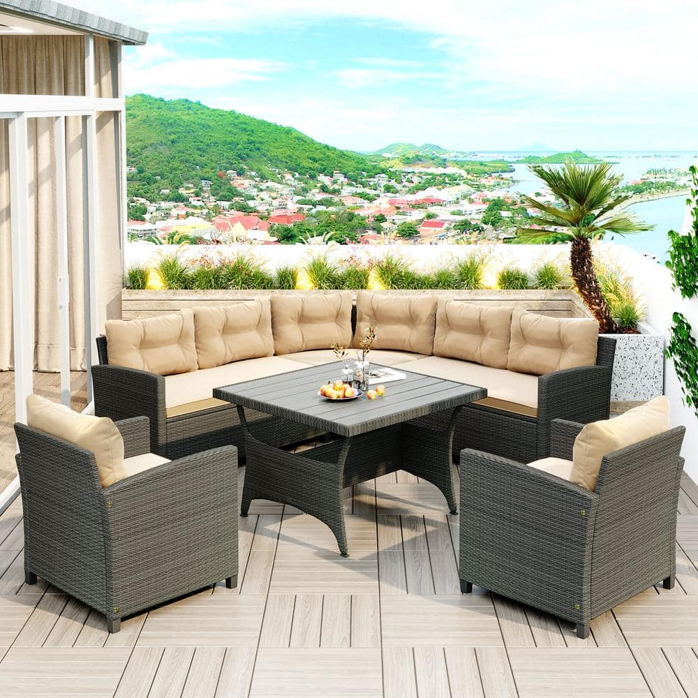 Harper & Bright Designs 6-Piece Gray Wicker Outdoor Sectional Dining ...