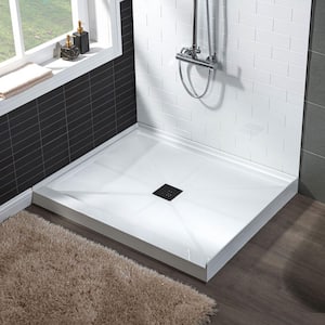36 in. L x 36 in. W Alcove Solid Surface Shower Pan Base with Center Drain in White with Matte Black Cover
