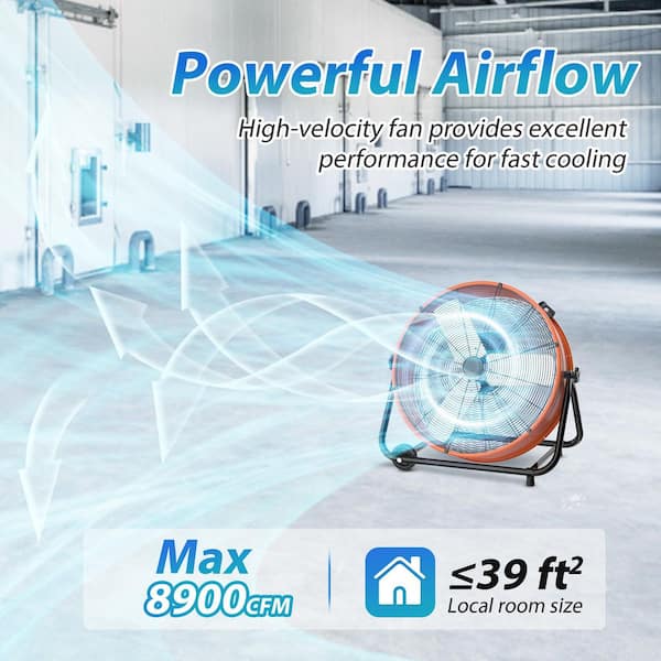 24 in. Industrial Drum Fan, 3-Speed ​​8900 CFM High Velocity Air Mover for Warehouse, Workshop, Factory, Orange