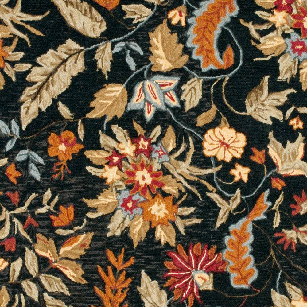 Black Floral Wool Hand-Hooked Square Area Rug, 6' x 6'