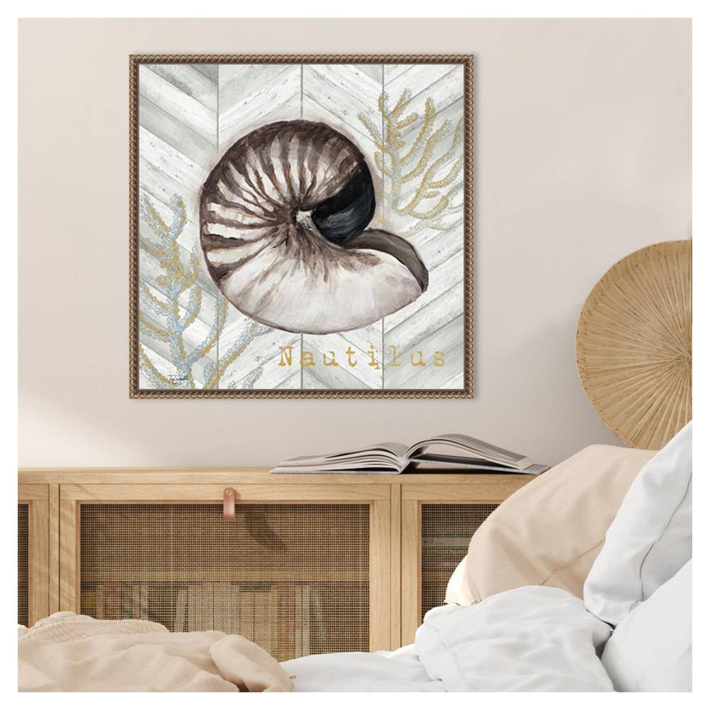 Gray Gold Chevron Nautilus Shell Canvas Wall Art with Bronze Frame