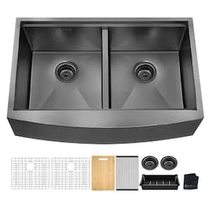 33 in. Farmhouse/Apron-Front Double Bowl 18 Gauge Gunmetal Black Stainless Steel Workstation Kitchen Sink