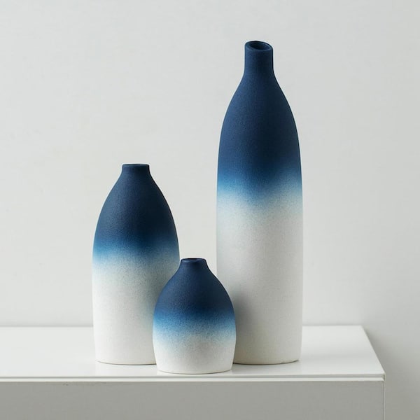 11 in. Blue Ceramic Bottle Decorative Vase（3pcs）