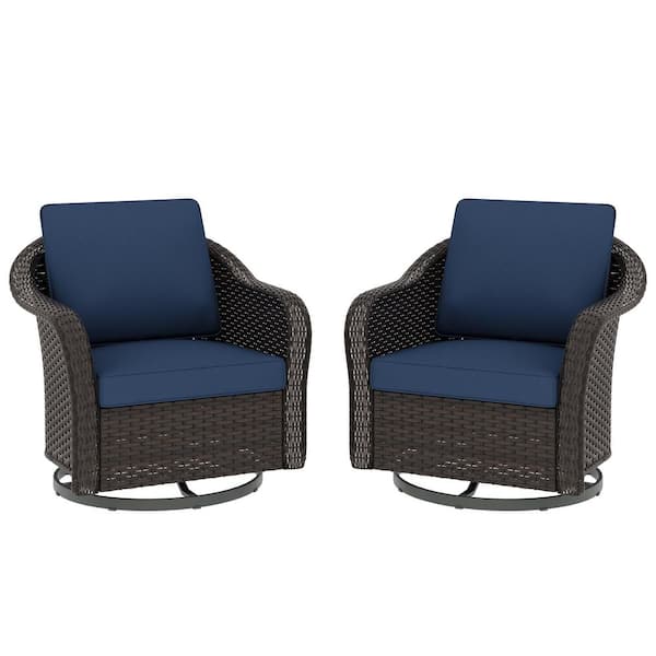 2-Piece Brown Wicker Frame Outdoor Rocking Chair Patio Swivel Chairs Lounge Chair with Dark Blue Cushions