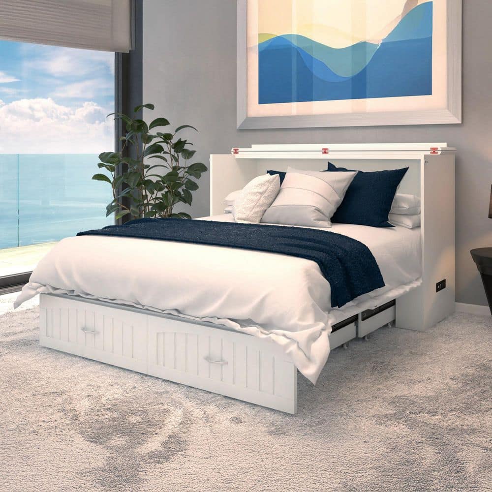Southampton White Wood Frame Queen Murphy Bed Chest with 6 in. Mattress, Built-in Charging Station and Storage - thumbnail 8