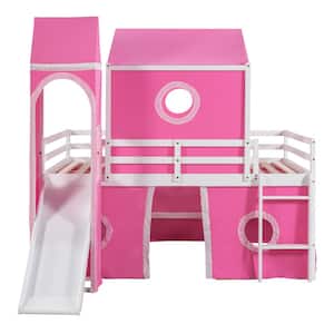 Pink Full Size Loft Bed with Slide, Tent and Tower, Playhouse Wood Full Bunk Bed Frame for Kids, Boys, Girls, Teens