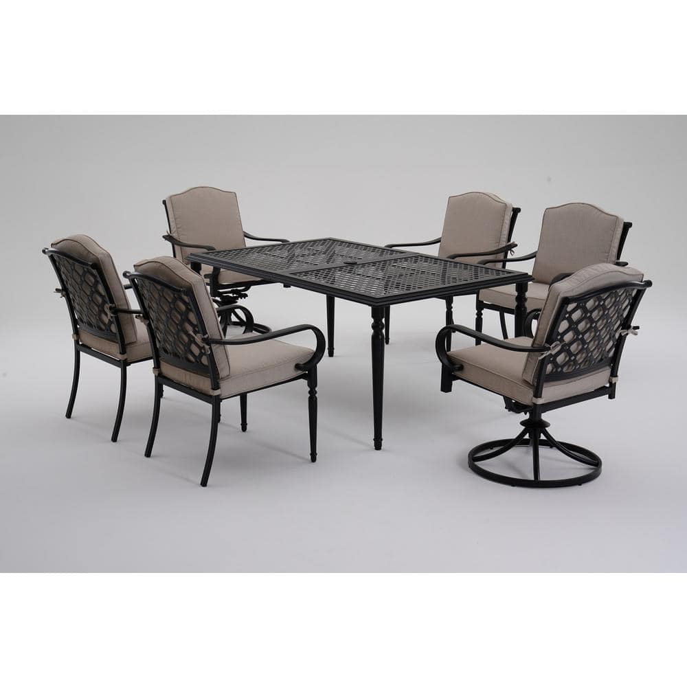 Laurel Oaks 6-Piece Dark Brown Steel Outdoor Dining Chairs with CushionGuard Putty Cushions, 2 Boxes Total, 2 Aluminum Frame Swivel Chairs, 4 Dining Chairs, Weather Resistent Beige Cushions, And Aluminum Indoor/Outdoor Folding Dining Table.