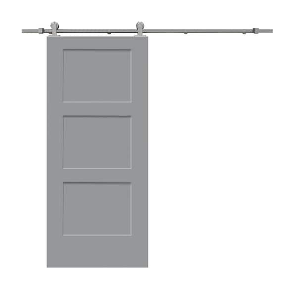 CALHOME 30 in. x 80 in. Light Gray Stained Composite MDF 3-Panel Equal Style Interior Sliding Barn Door with Hardware Kit