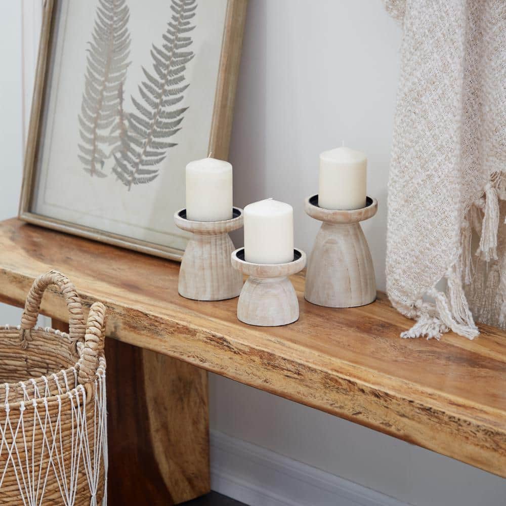 Rustic Brown Wood Pillar Candle Holders, Set of 3