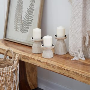 Brown Wood Pillar Candle Holder with White Wash Finish (Set of 3)