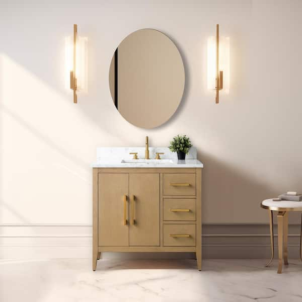 36 in. W x 22 in. D x 34 in. H Single-Sink Bathroom Vanity in Natural Oak with Engineered Marble Top in Arabescato White