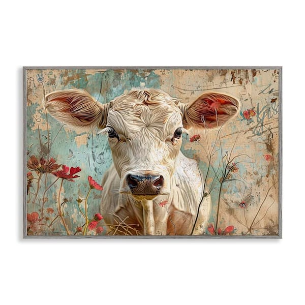 Stupell Industries Spring Country Cow by LSR Design Studio Gray Framed Animal Giclee Art Print 12 in. x 18 in.