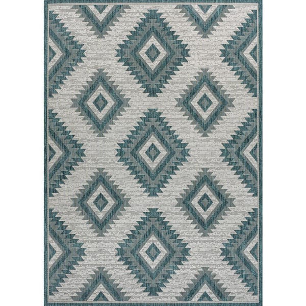 Lior Geometric Moroccan Diamond Turquoise/Cream 3 ft. x 5 ft. Indoor/Outdoor Area Rug