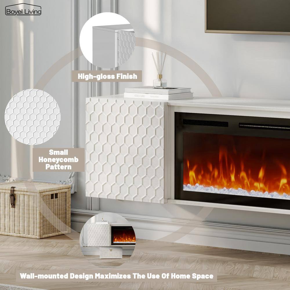 White Wall Mounted TV Stand with Electric Fireplace and Storage
