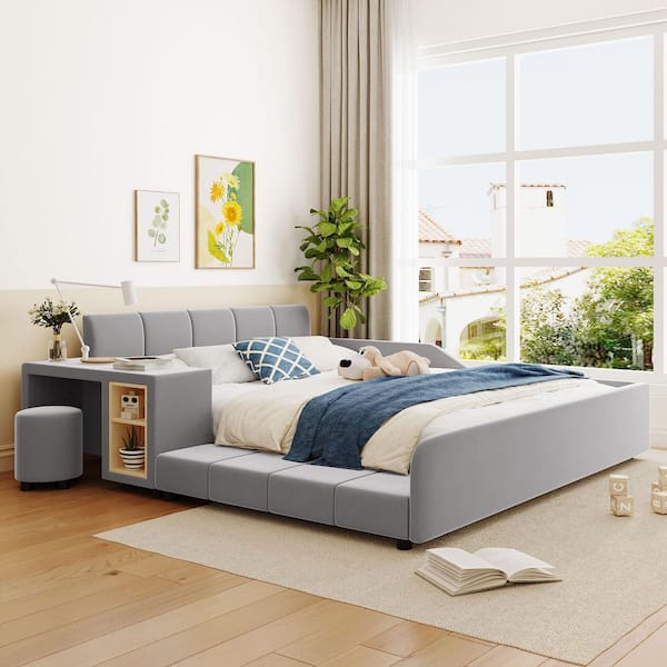 Gray Wood Frame Queen Upholstered Platform Bed with Bedsde Desk and Little Round Stool