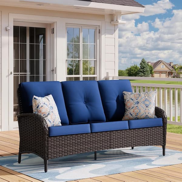 3-Seat Dark Brown Wicker Outdoor Couch Patio Couch Sofa with Blue Cushion