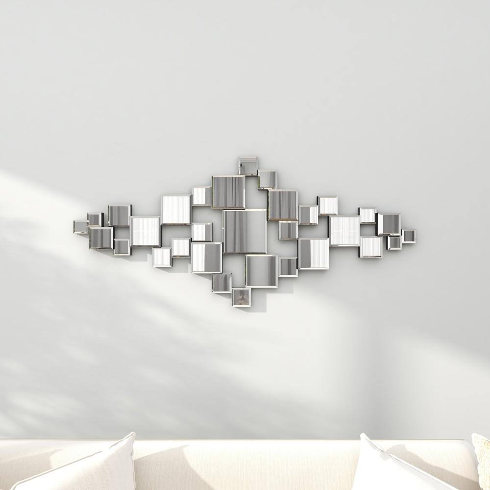 Silver Geometric Frameless Wall Mirror with Cut Out Design