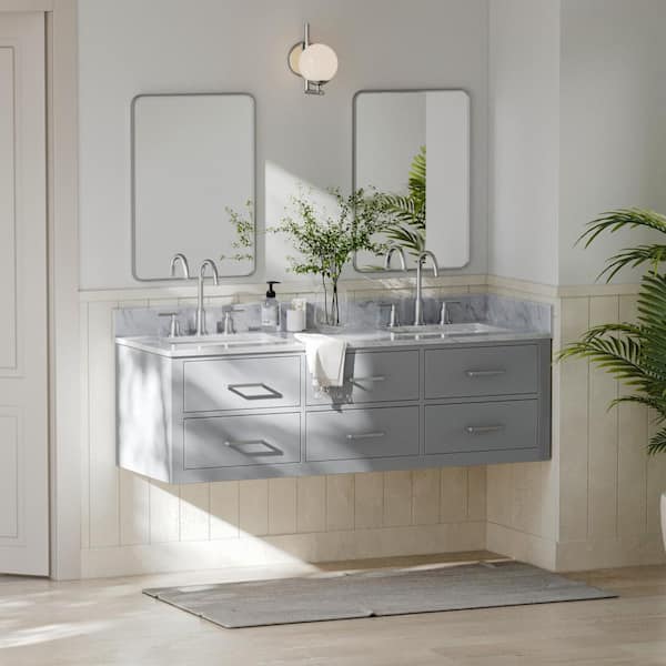 ARIEL Hutton 61 in. W x 22 in. D x 18.85 in. H Bath Vanity in Grey with Carrara White Marble Top
