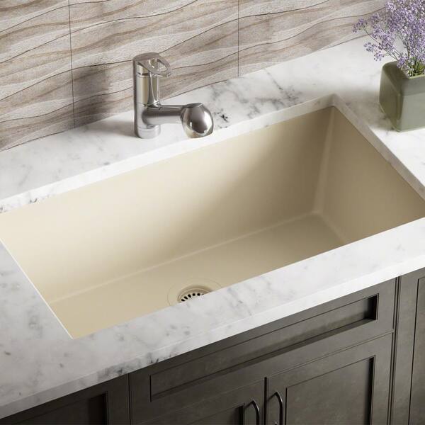MR Direct Beige Quartz Granite 33 in. Single Bowl Undermount Kitchen Sink with Matching Flange