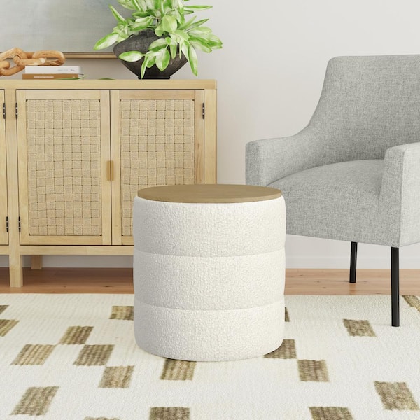Channeled Cream Boucle Fabric Storage Ottoman with Wood Top