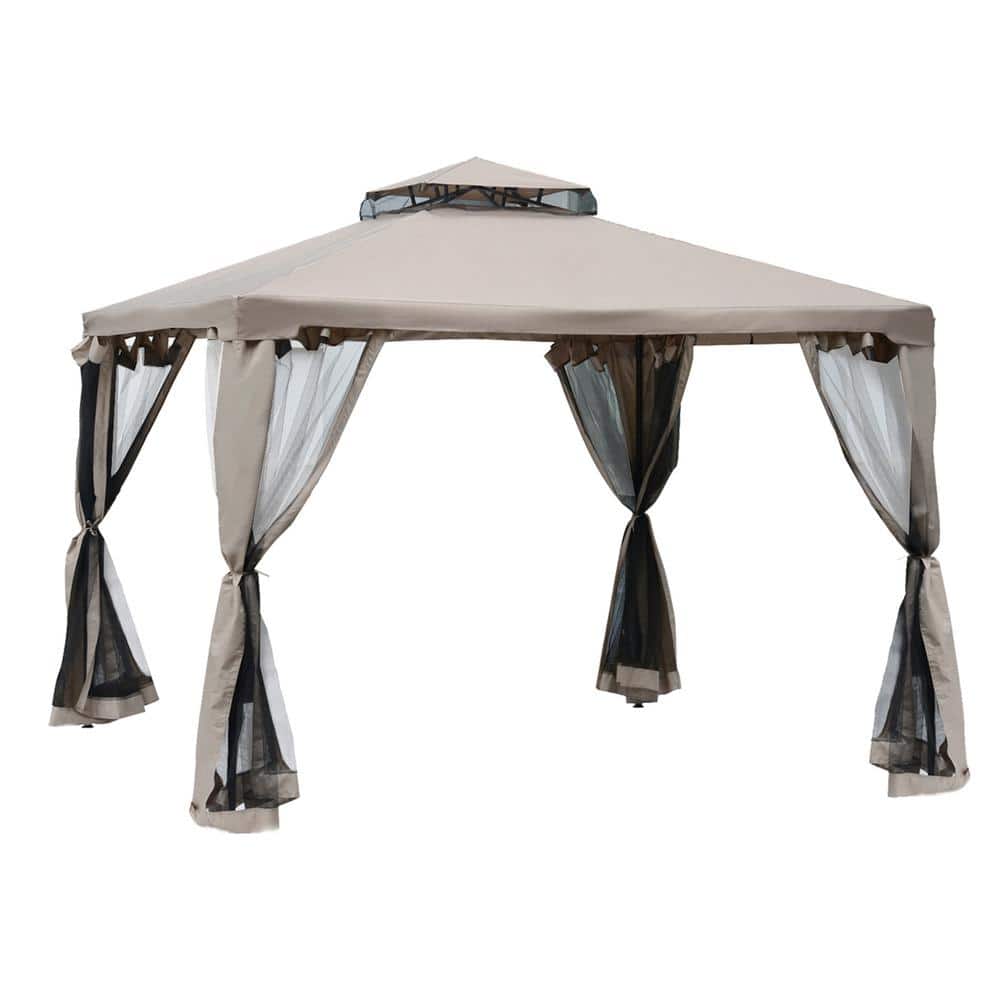 9.6 ft. x 9.6 ft. Taupe Steel Patio Gazebo Shelter with 2-Tier Roof and Net