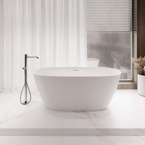 Streamline 59 in. x 28 in. NS5820CH Stone Resin Freestanding Soaking Bathtub in Matte White with Polished Chrome Drain, Bamboo Tray