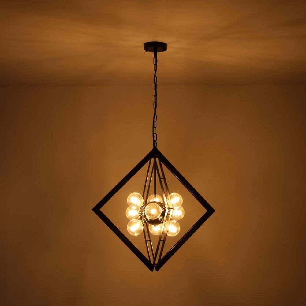 24.8 in. 9-Light Modern Matte Black Geometric Frame Chandelier with Textured Glass Shades for Living Room/Dining Room price history on PriceWatchPro