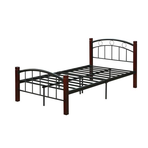 HODEDAH Complete Full Metal Bed with Headboard, Footboard and Mahogany Wood Posts
