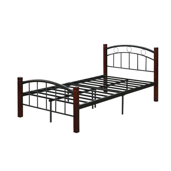 HODEDAH Complete Queen Metal Bed with Headboard, Footboard and Mahogany Wood Posts