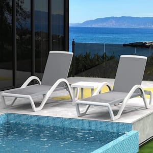 Outdoor Chaise Lounge with Table Set with Gray Textilene Fabric Aluminum Frame Set of 3