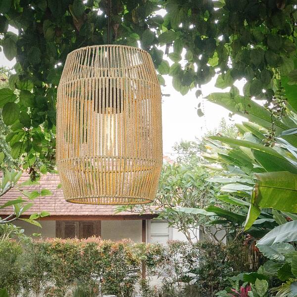 Golden Lighting - Seabroke 1-Light Natural Black (UV) Summer Sands Shade and Clear Glass Outdoor Pendant Light