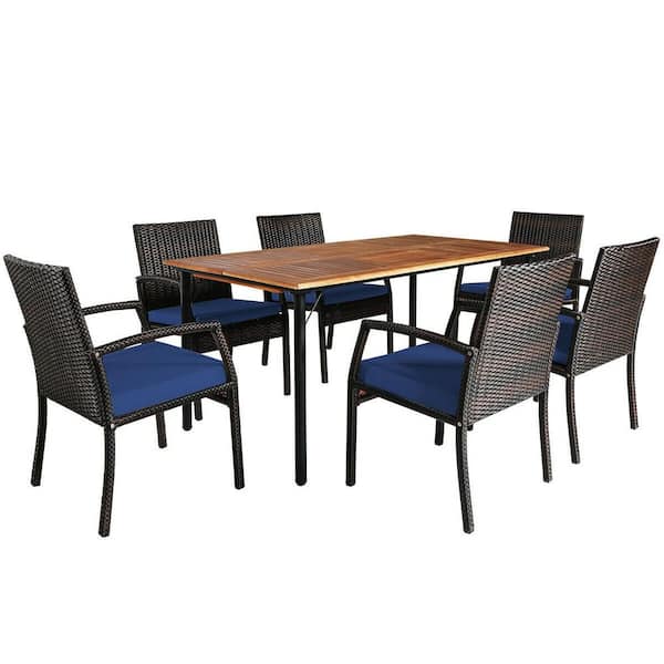 ANGELES HOME 7-Piece Patio Outdoor Dining Set, Umbrella Hole, Solid Wood Weather-Resistant PE Wicker, Navy Cushions