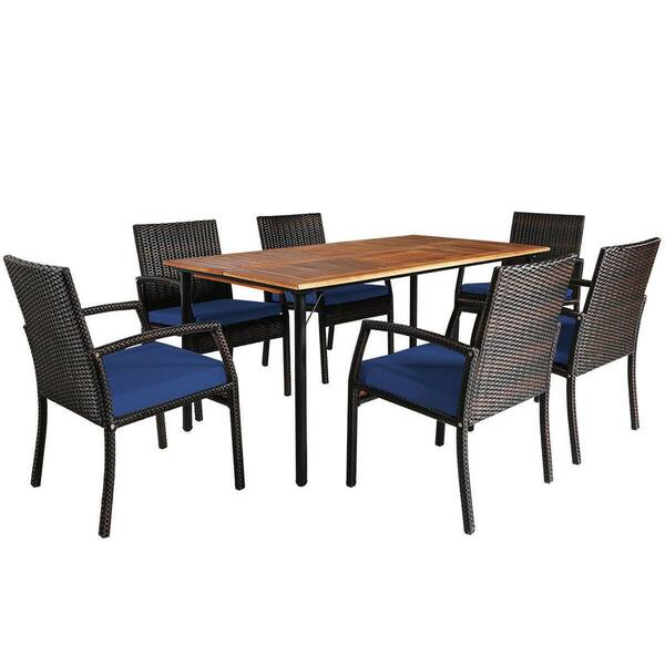 Unbranded 7-Piece Rattan Wicker Patio Cushioned Outdoor Dining Set with Navy Blue Cushion, with Umbrella Hole